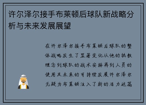 许尔泽尔接手布莱顿后球队新战略分析与未来发展展望